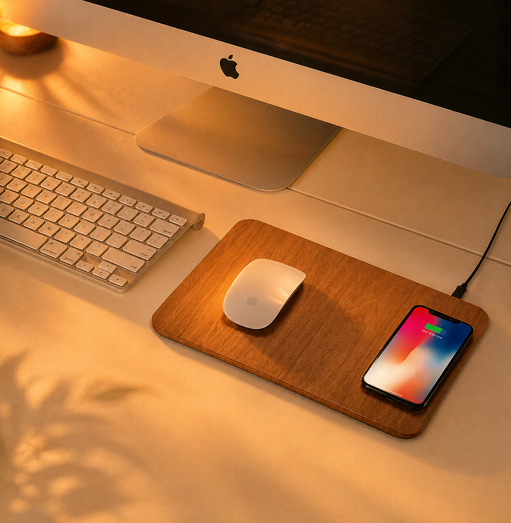 Tapis de souris sans fil et chargeur à motif bois